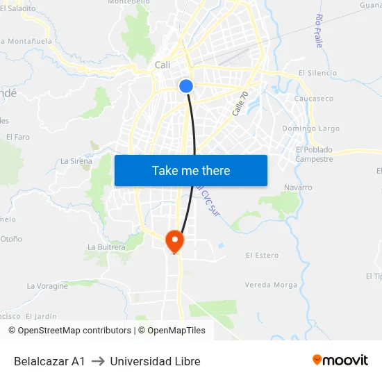 Belalcazar A1 to Universidad Libre map