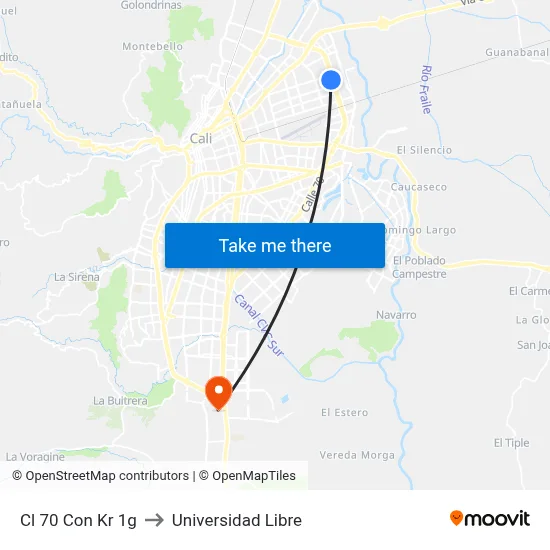 Cl 70 Con Kr 1g to Universidad Libre map