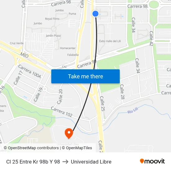 Cl 25 Entre Kr 98b Y 98 to Universidad Libre map