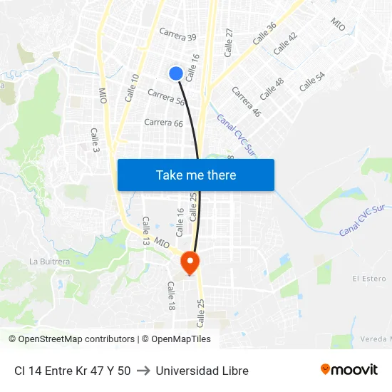 Cl 14 Entre Kr 47 Y 50 to Universidad Libre map