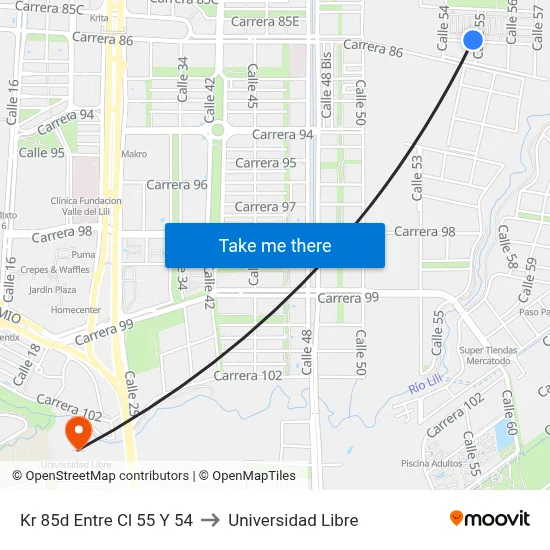 Kr 85d Entre Cl 55 Y 54 to Universidad Libre map