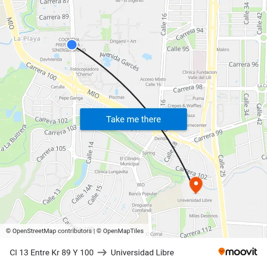 Cl 13 Entre Kr 89 Y 100 to Universidad Libre map