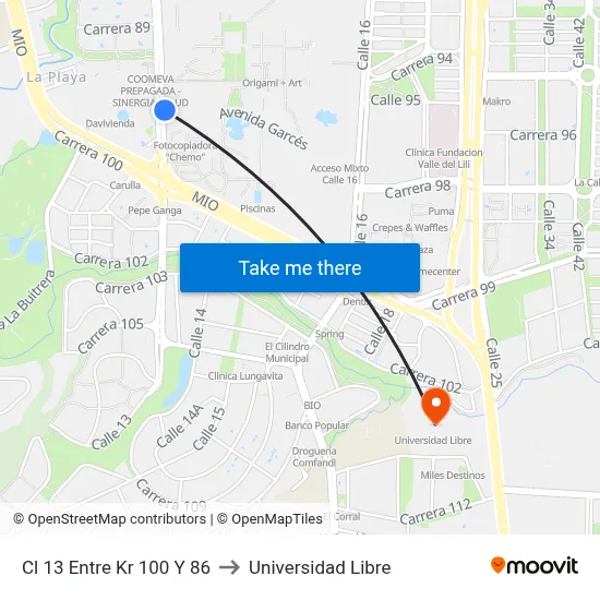 Cl 13 Entre Kr 100 Y 86 to Universidad Libre map
