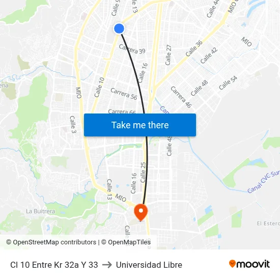 Cl 10 Entre Kr 32a Y 33 to Universidad Libre map