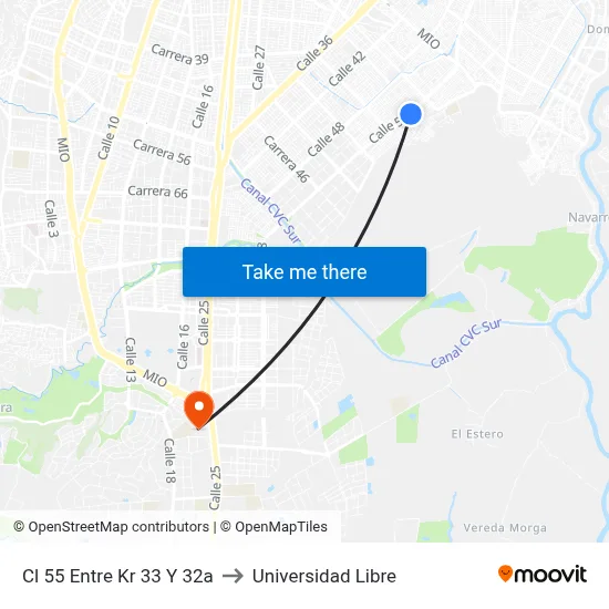 Cl 55 Entre Kr 33 Y 32a to Universidad Libre map