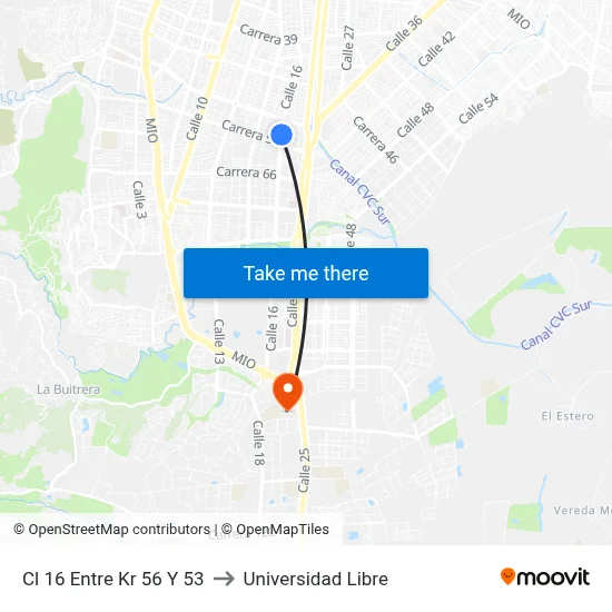 Cl 16 Entre Kr 56 Y 53 to Universidad Libre map