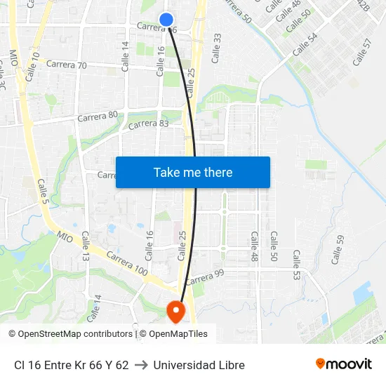 Cl 16 Entre Kr 66 Y 62 to Universidad Libre map