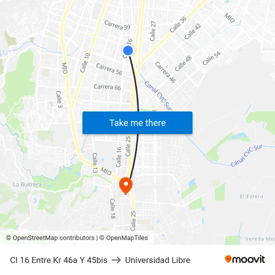 Cl 16 Entre Kr 46a Y 45bis to Universidad Libre map
