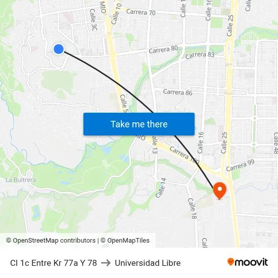 Cl 1c Entre Kr 77a Y 78 to Universidad Libre map