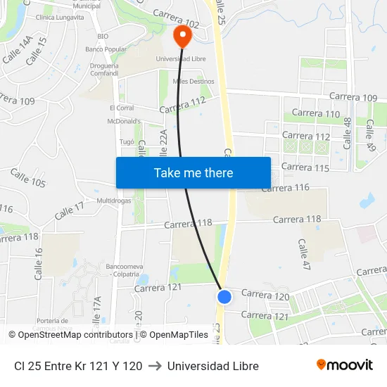 Cl 25 Entre Kr 121 Y 120 to Universidad Libre map