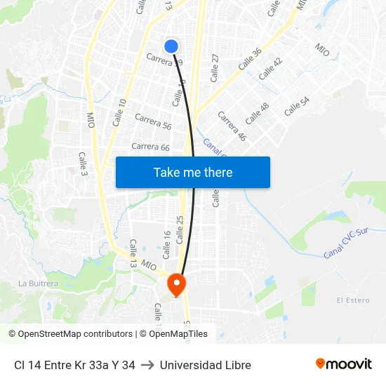 Cl 14 Entre Kr 33a Y 34 to Universidad Libre map