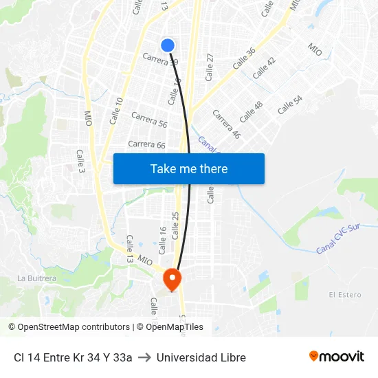 Cl 14 Entre Kr 34 Y 33a to Universidad Libre map