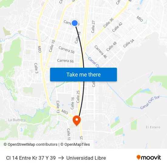 Cl 14 Entre Kr 37 Y 39 to Universidad Libre map
