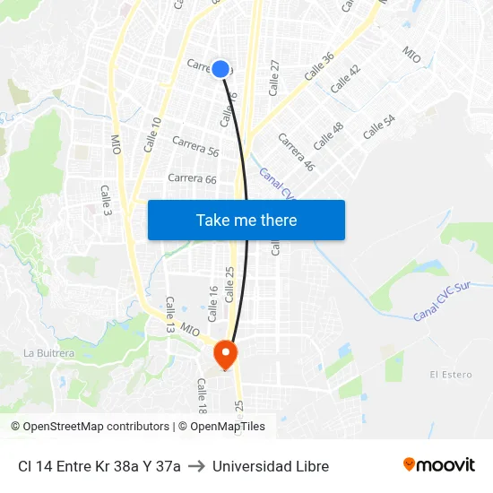 Cl 14 Entre Kr 38a Y 37a to Universidad Libre map