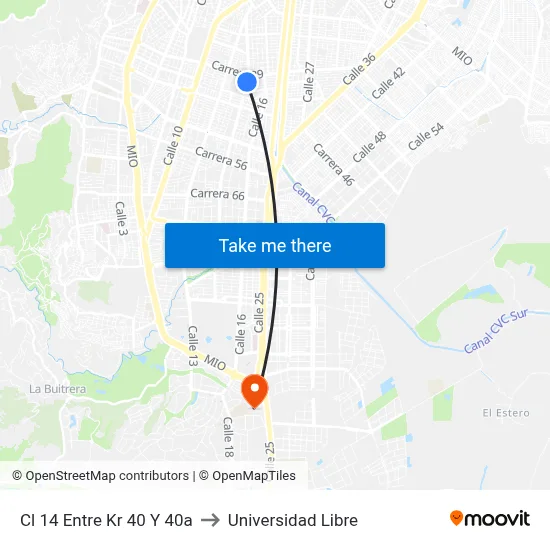 Cl 14 Entre Kr 40 Y 40a to Universidad Libre map