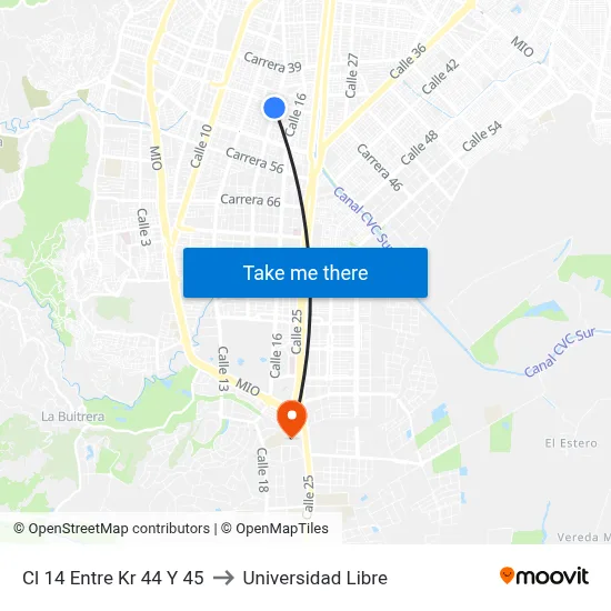 Cl 14 Entre Kr 44 Y 45 to Universidad Libre map