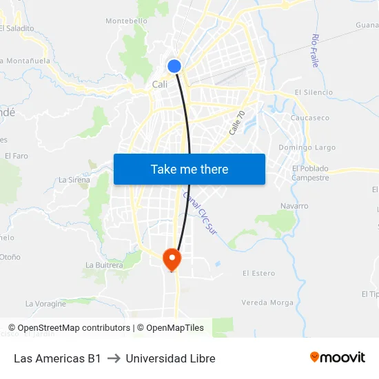 Las Americas B1 to Universidad Libre map