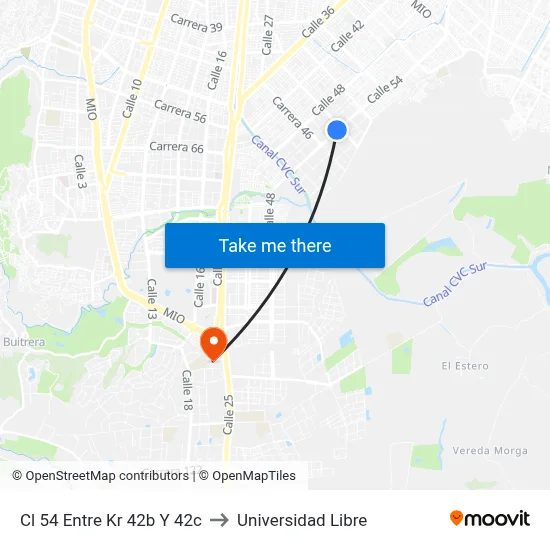 Cl 54 Entre Kr 42b Y 42c to Universidad Libre map