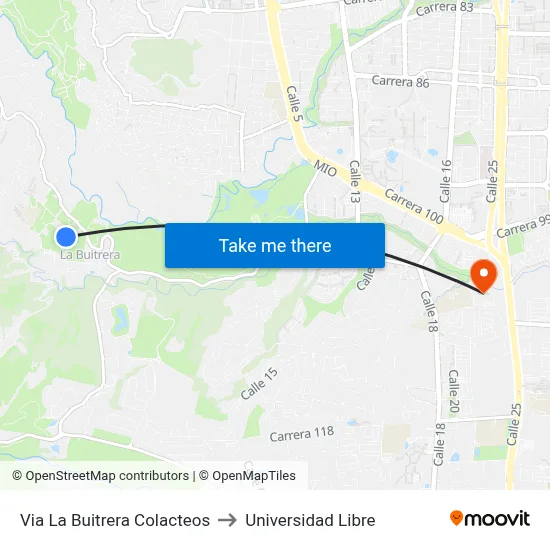 Via La Buitrera Colacteos to Universidad Libre map