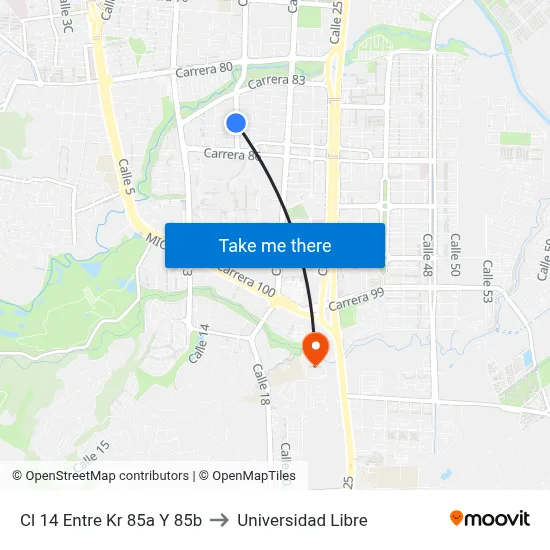 Cl 14 Entre Kr 85a Y 85b to Universidad Libre map
