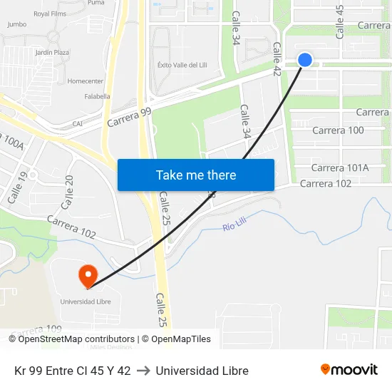 Kr 99 Entre Cl 45 Y 42 to Universidad Libre map