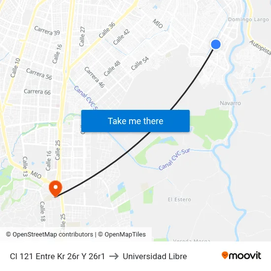 Cl 121 Entre Kr 26r Y 26r1 to Universidad Libre map
