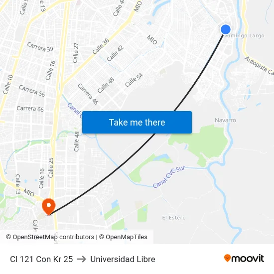 Cl 121 Con Kr 25 to Universidad Libre map