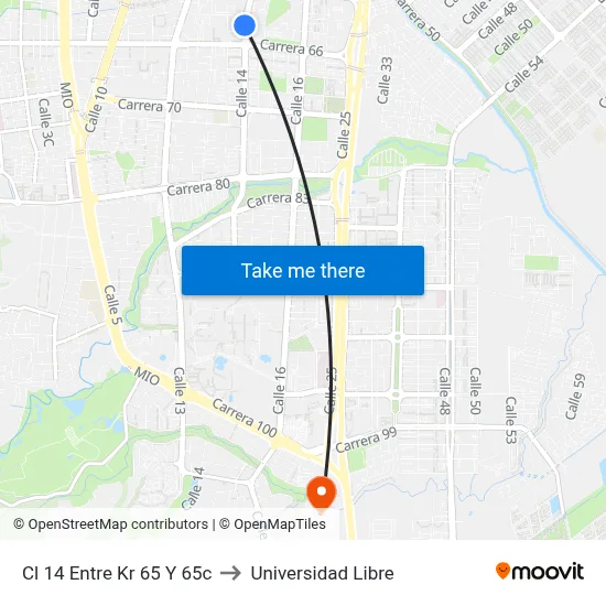 Cl 14 Entre Kr 65 Y 65c to Universidad Libre map