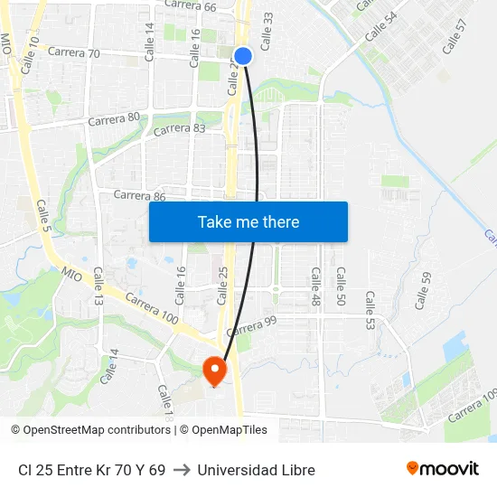 Cl 25 Entre Kr 70 Y 69 to Universidad Libre map