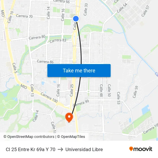 Cl 25 Entre Kr 69a Y 70 to Universidad Libre map