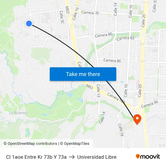 Cl 1aoe Entre Kr 73b Y 73a to Universidad Libre map