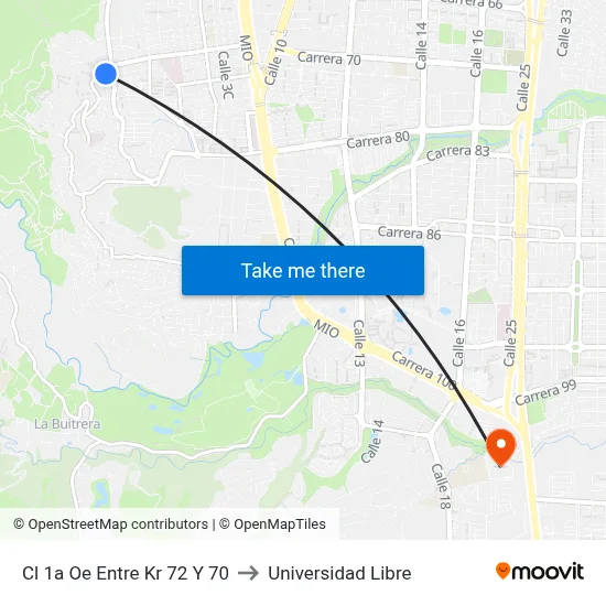 Cl 1a Oe Entre Kr 72 Y 70 to Universidad Libre map