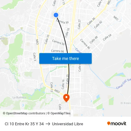 Cl 10 Entre Kr 35 Y 34 to Universidad Libre map
