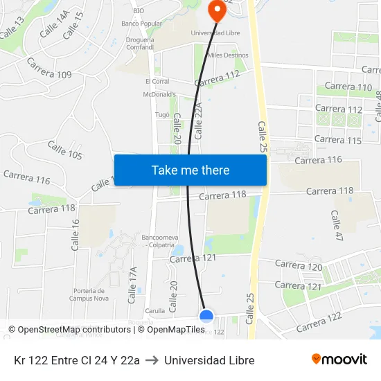 Kr 122 Entre Cl 24 Y 22a to Universidad Libre map