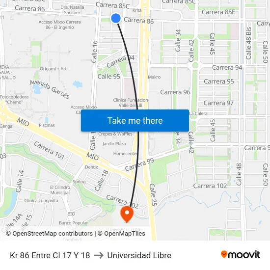 Kr 86 Entre Cl 17 Y 18 to Universidad Libre map