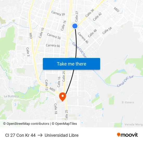 Cl 27 Con Kr 44 to Universidad Libre map