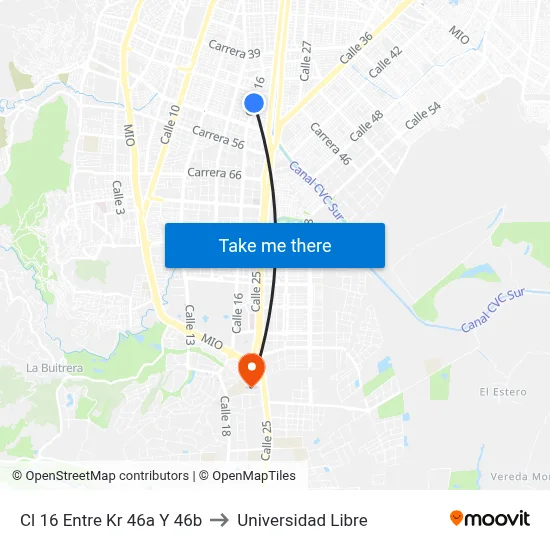 Cl 16 Entre Kr 46a Y 46b to Universidad Libre map