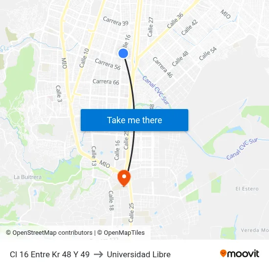 Cl 16 Entre Kr 48 Y 49 to Universidad Libre map