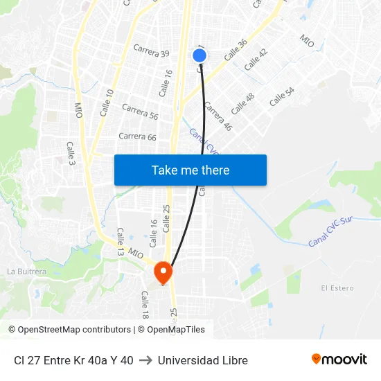 Cl 27 Entre Kr 40a Y 40 to Universidad Libre map