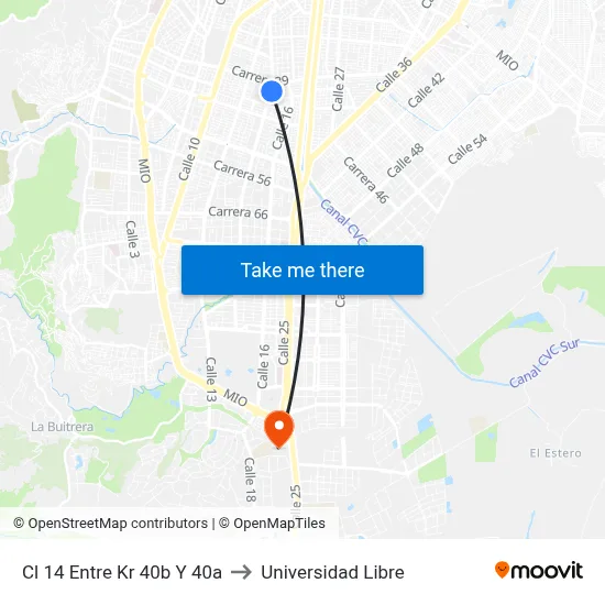 Cl 14 Entre Kr 40b Y 40a to Universidad Libre map