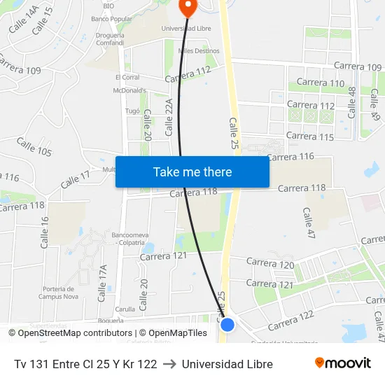 Tv 131 Entre Cl 25 Y Kr 122 to Universidad Libre map