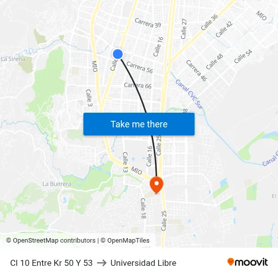 Cl 10 Entre Kr 50 Y 53 to Universidad Libre map