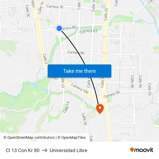Cl 13 Con Kr 80 to Universidad Libre map