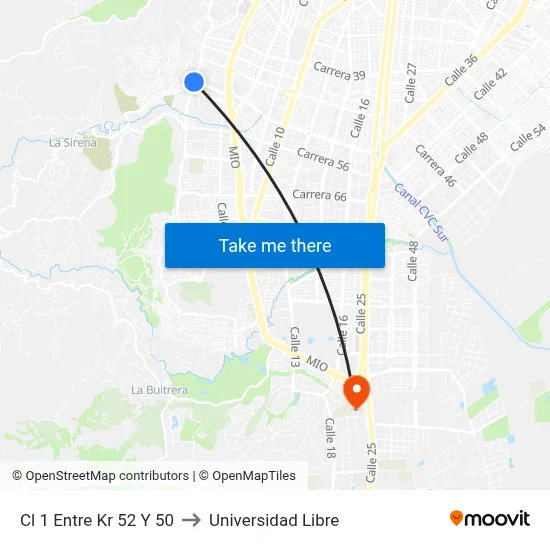 Cl 1 Entre Kr 52 Y 50 to Universidad Libre map