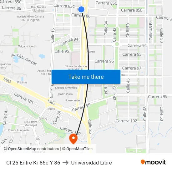 Cl 25 Entre Kr 85c Y 86 to Universidad Libre map