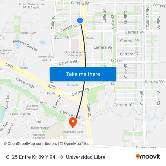 Cl 25 Entre Kr 89 Y 94 to Universidad Libre map