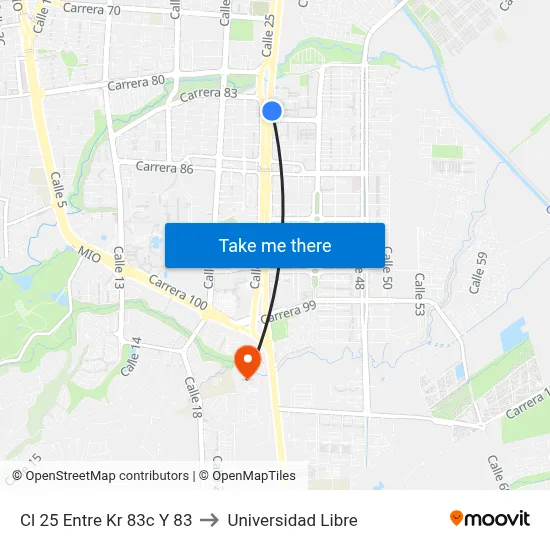 Cl 25 Entre Kr 83c Y 83 to Universidad Libre map
