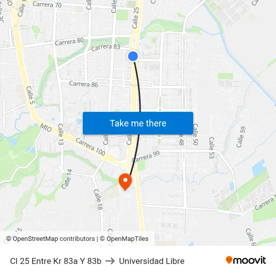 Cl 25 Entre Kr 83a Y 83b to Universidad Libre map