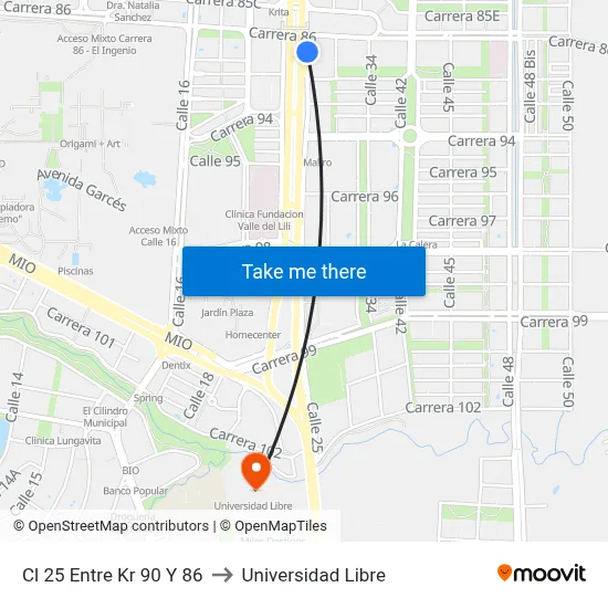 Cl 25 Entre Kr 90 Y 86 to Universidad Libre map