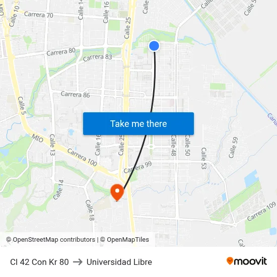 Cl 42 Con Kr 80 to Universidad Libre map